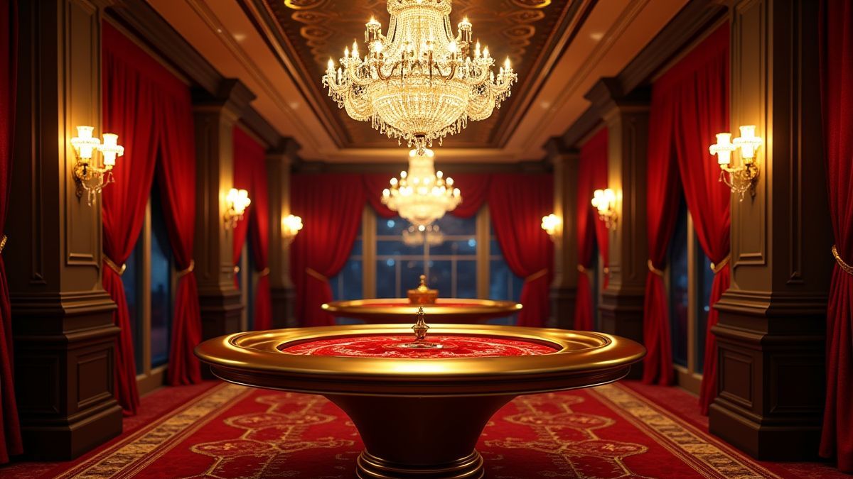 Interior de casino elegante com lâmpadas e cortinas de veludo