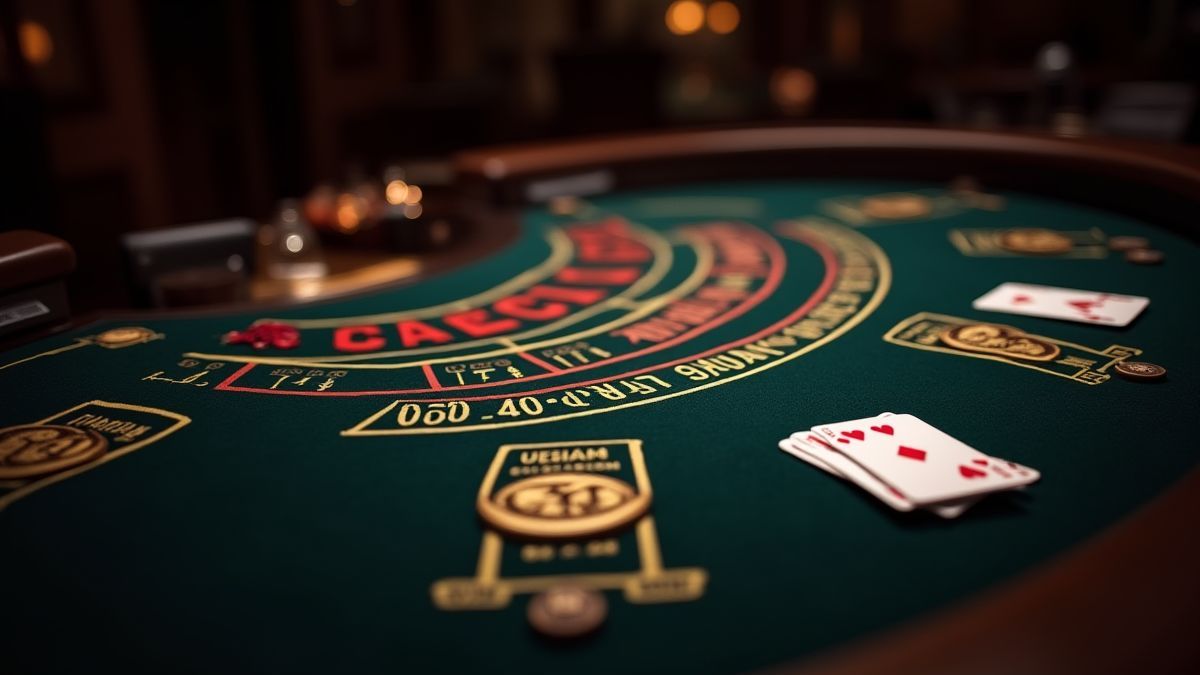 Mesa de baccarat con fichas y cartas dispuestas elegantemente.