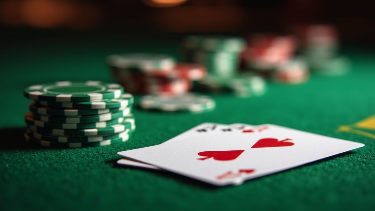 Vista cercana de cartas de baccarat y fichas en una mesa verde.