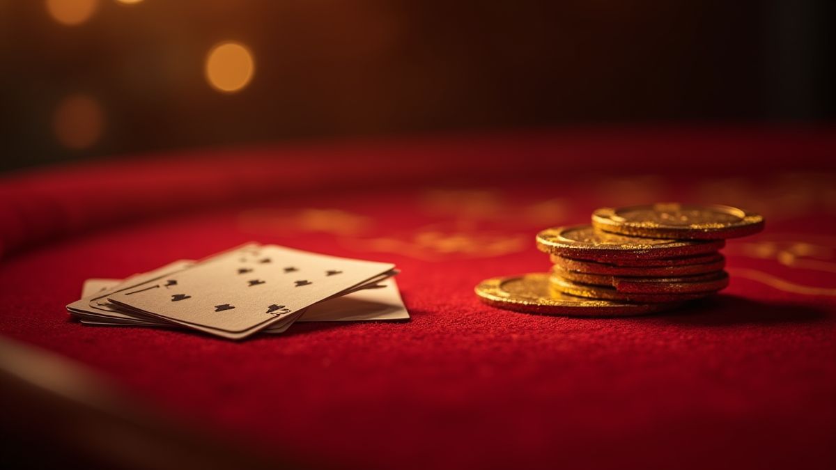 Mesa de baccarat com fichas douradas e cartas