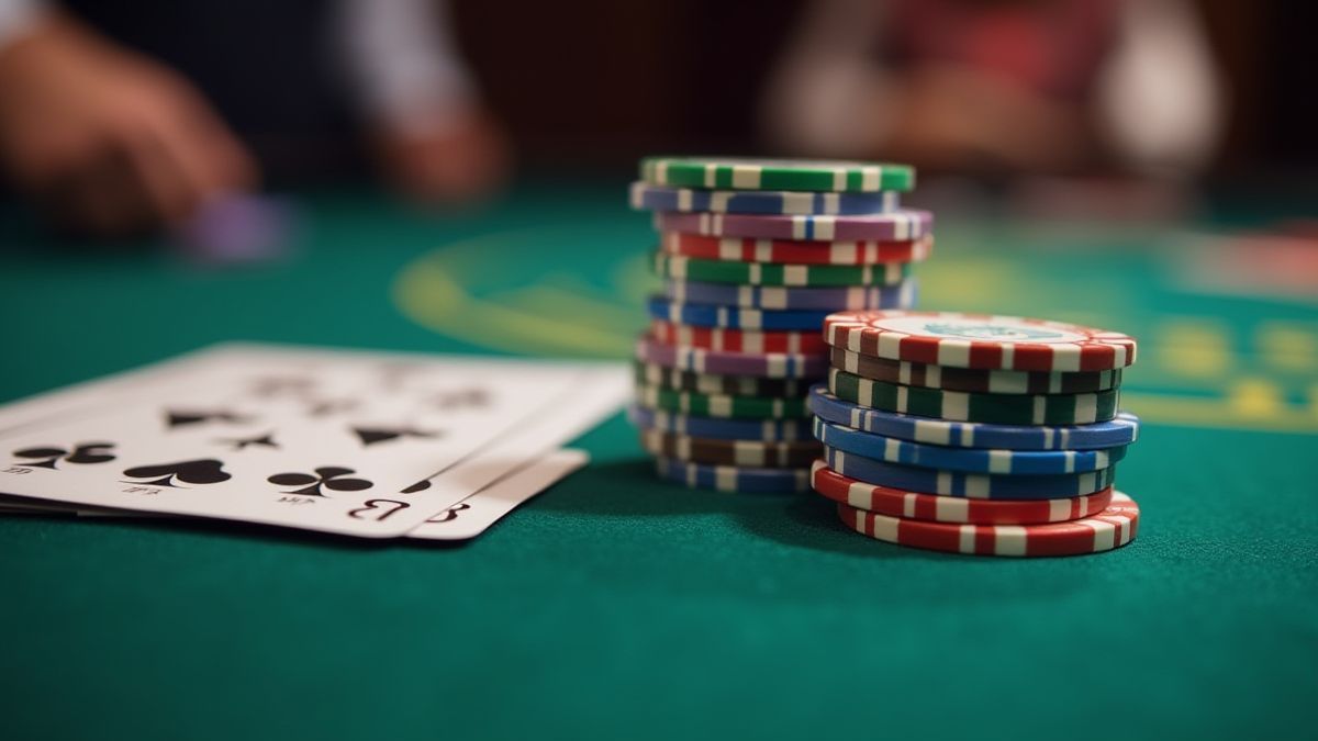 Fichas de bajo valor junto a cartas de baccarat en una mesa.