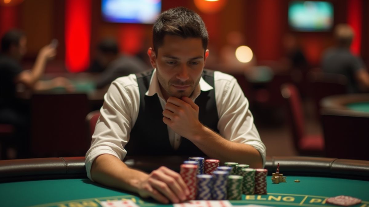 Jugador pensando su próxima jugada en una mesa de casino.