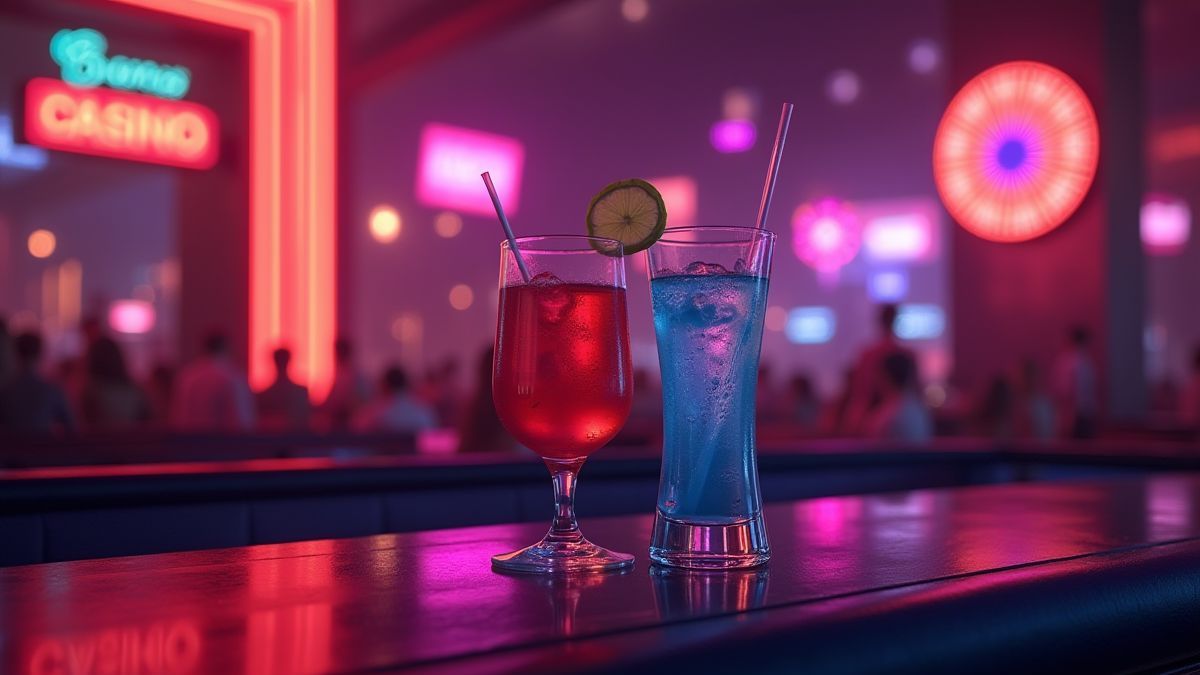 Casino party with cocktails and neon lights.