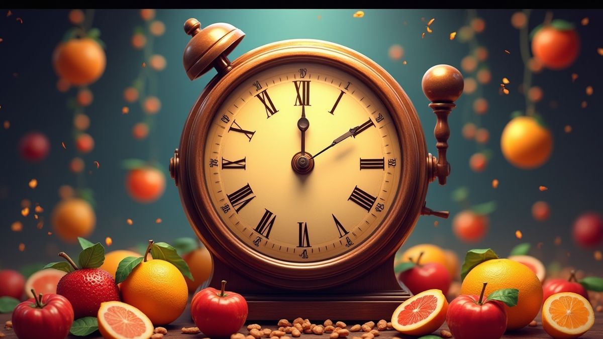 Machine du temps animée entourée de symboles comme des fruits et des barres.