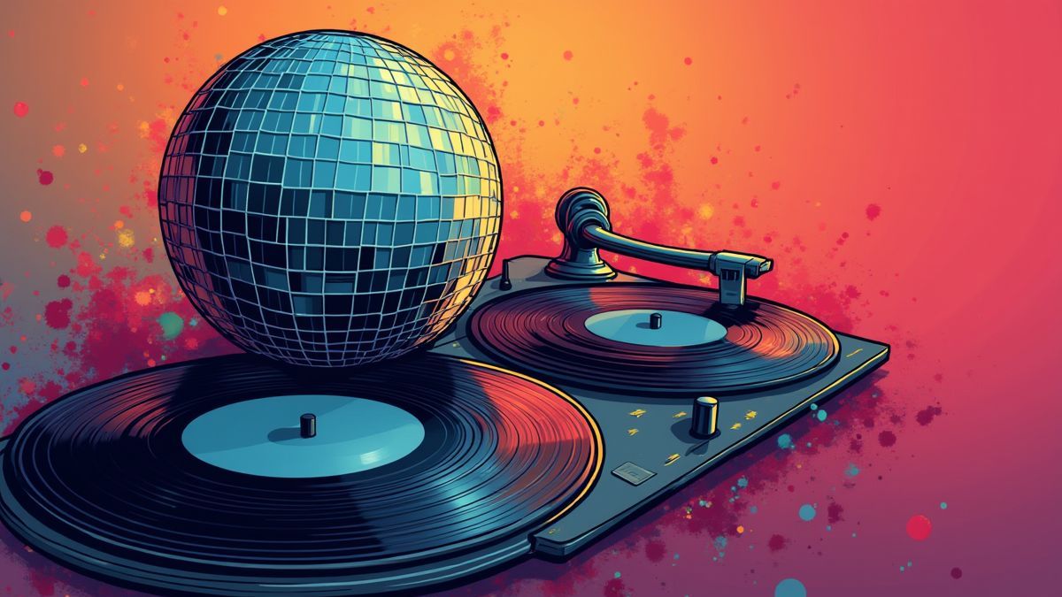 Bola de discoteca e discos de vinilo sobre um fundo retro colorido.