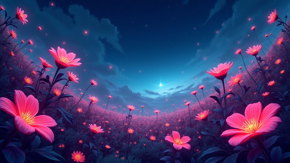 Leuchtende Alienblumen, die unter den Sternen erstrahlen.