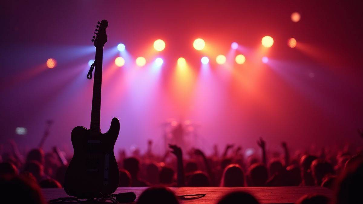 Luces de palco vibrantes com uma guitarra e um microfone.
