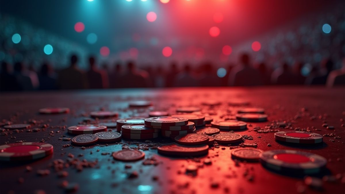 Fichas de pôquer e moedas em um palco de concertos.
