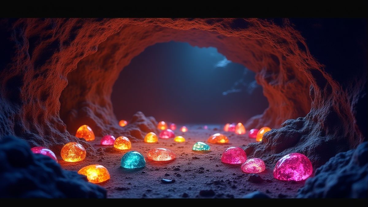 Une mine souterraine illuminée avec des gemmes et de l'or.