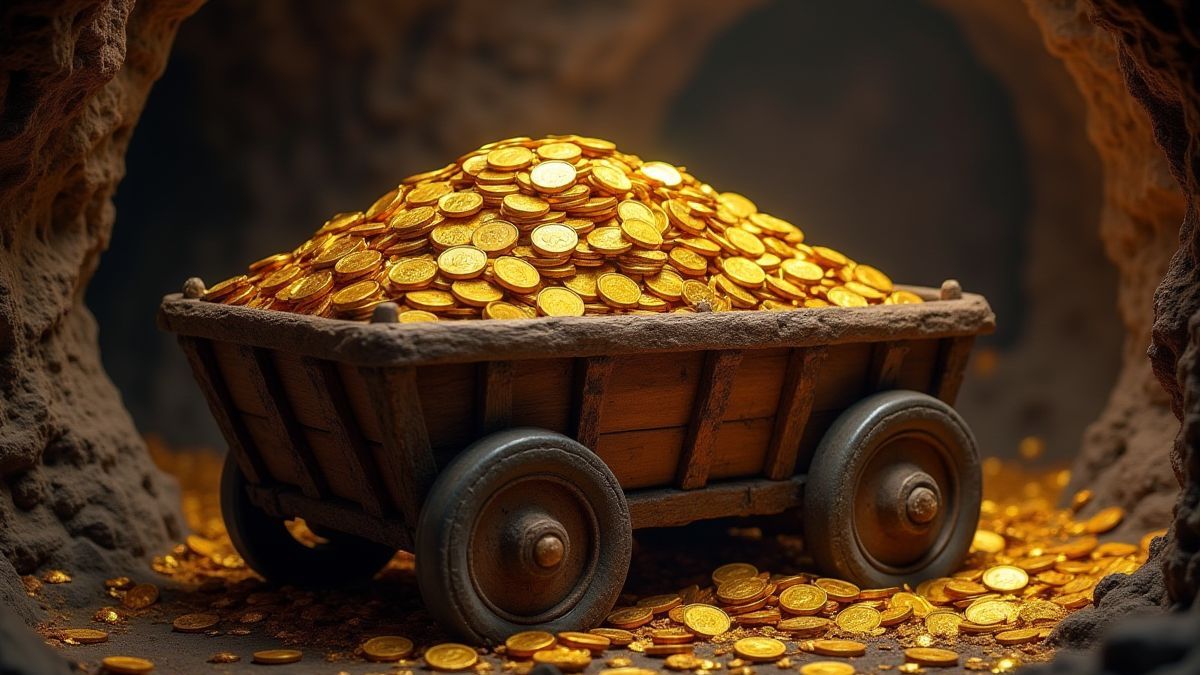 Une brouette pleine de pièces d'or et de gemmes dans une mine.