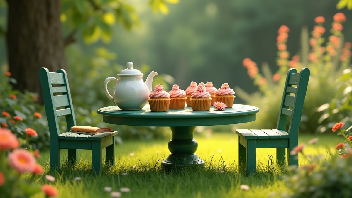 Grüner Gartentisch mit Cupcakes und einer animierten Teekanne.