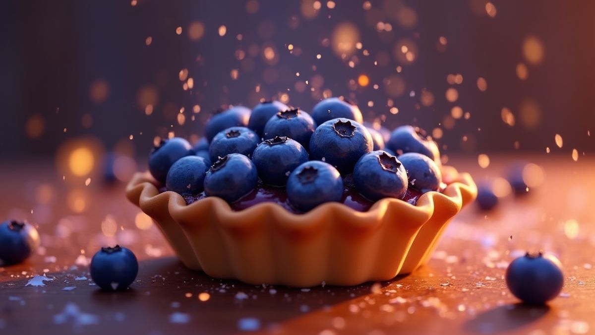 Animierte Blaubeertorte mit glitzernden Effekten.
