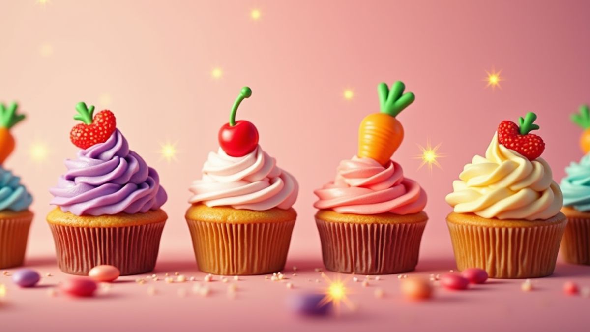 Animierte Cupcakes und Karottenkuchen mit glitzernden Effekten.