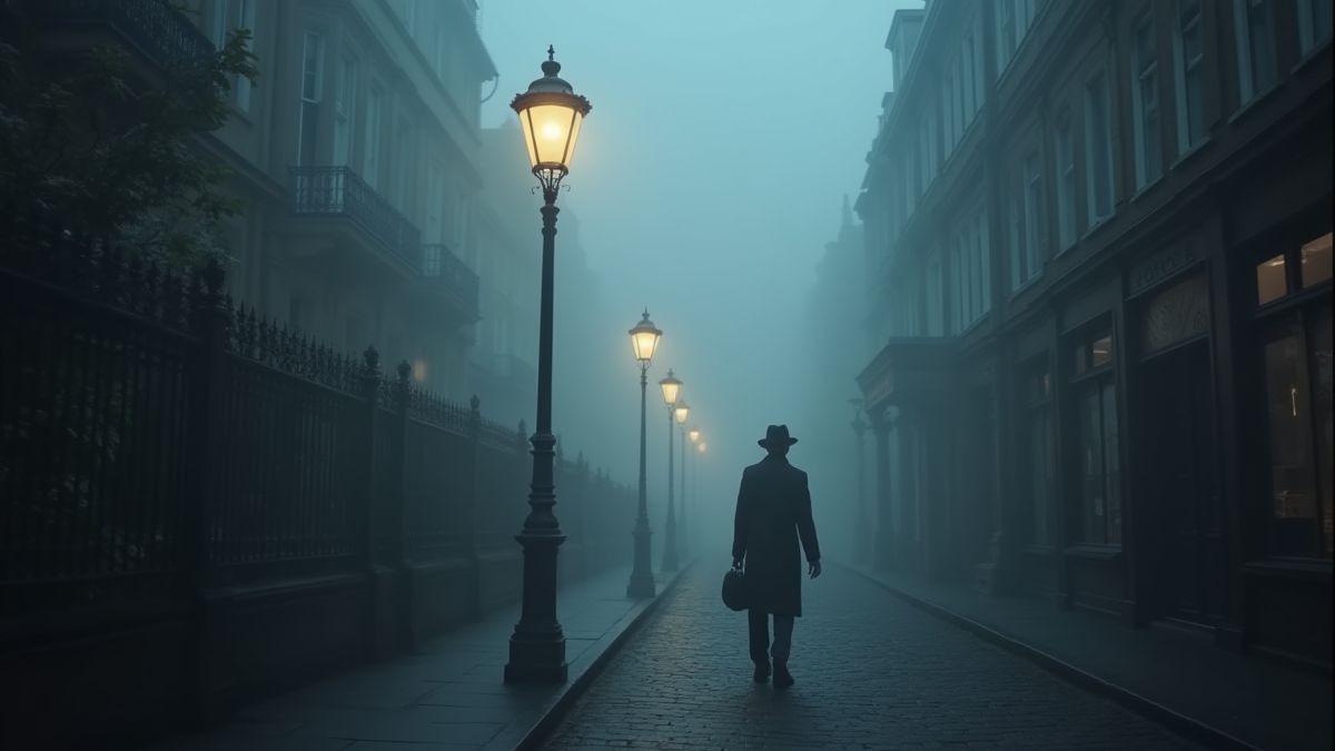 Calles de Londres cubiertas de niebla con lámparas victorianas y un detective en silueta.