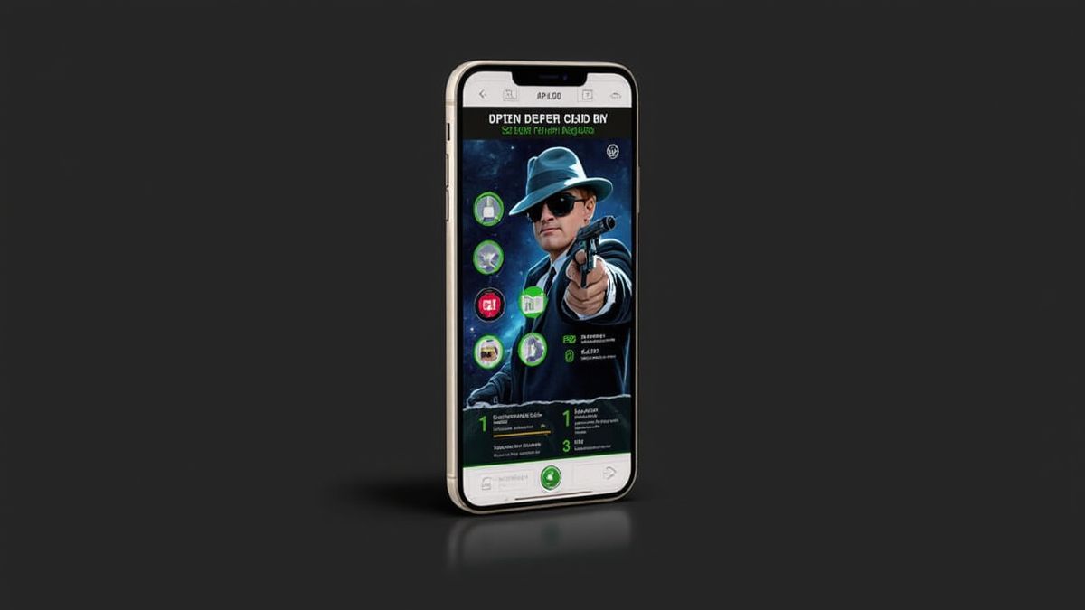 Teléfono móvil mostrando una interfaz de slot con temática de detectives.