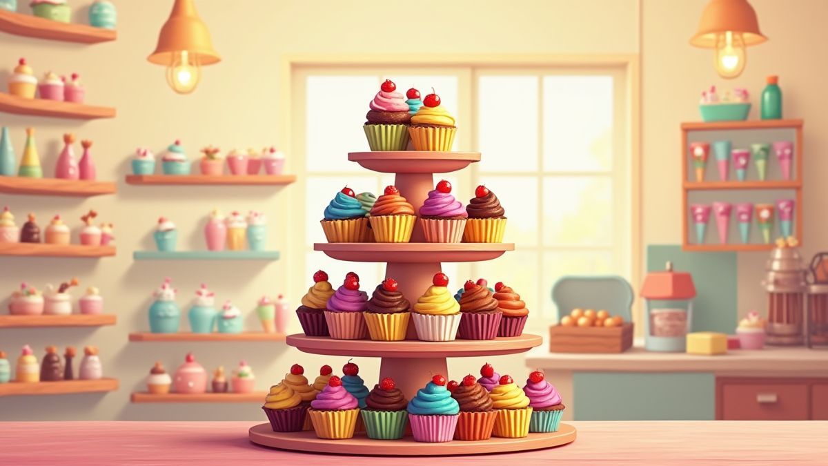 A tower of colorful cupcakes in a lively bakery.