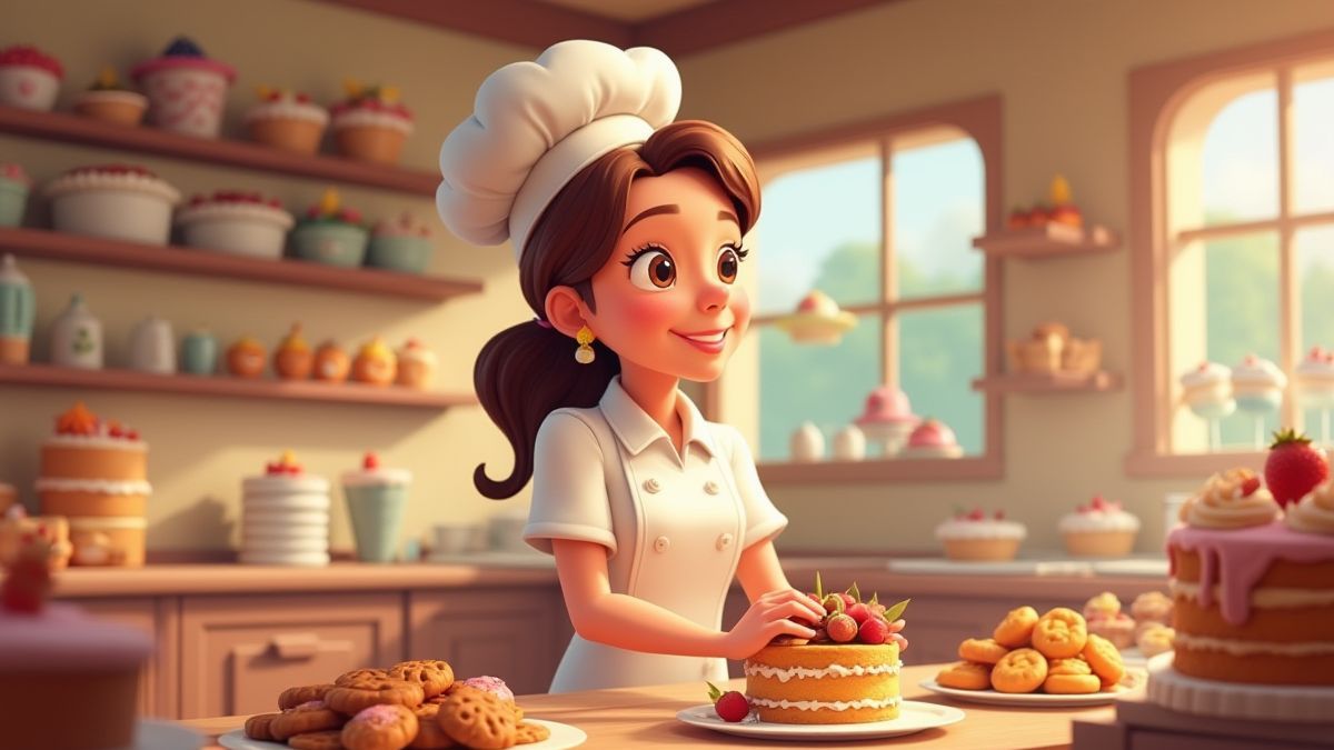 An animated pastry chef in a magical bakery surrounded by cakes and cookies.