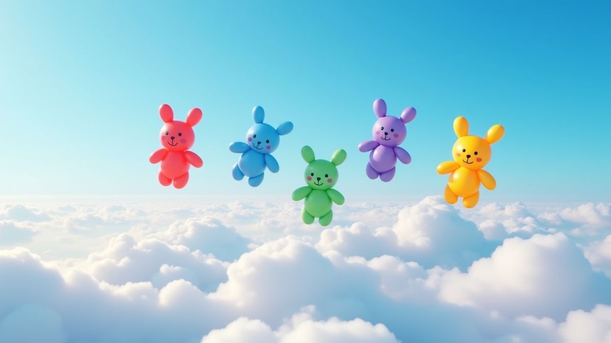 Animal balloons floating above clouds.