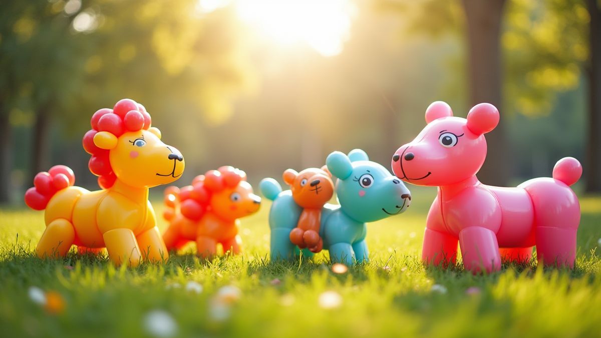 Animal-shaped balloons in a sunny park.