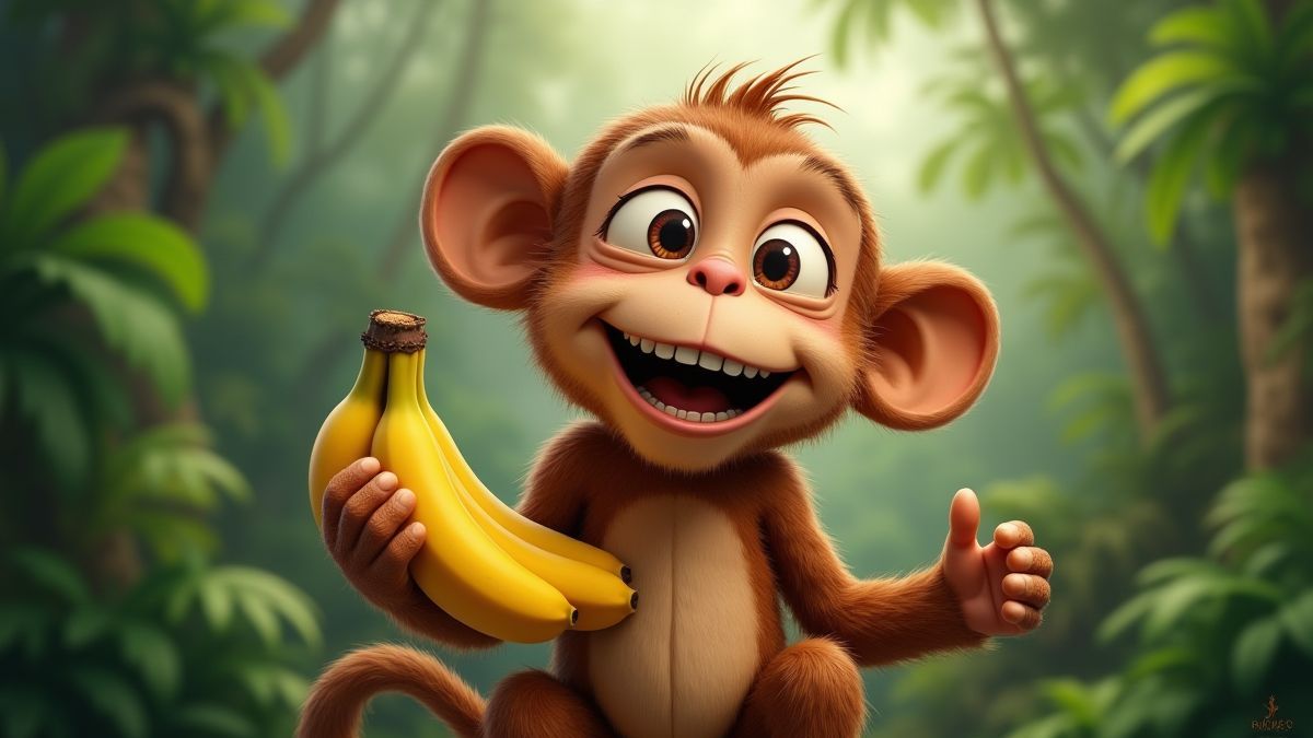 Un singe joyeux tenant des bananes dans un cadre de jungle tropicale