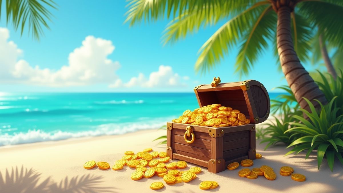 Un coffre au trésor rempli de pièces d'or sous un palmier