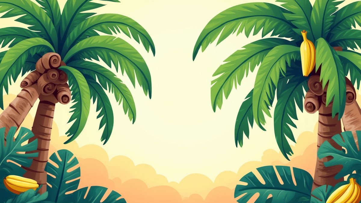 Palmiers tropicaux avec des bananes et des éléments colorés.