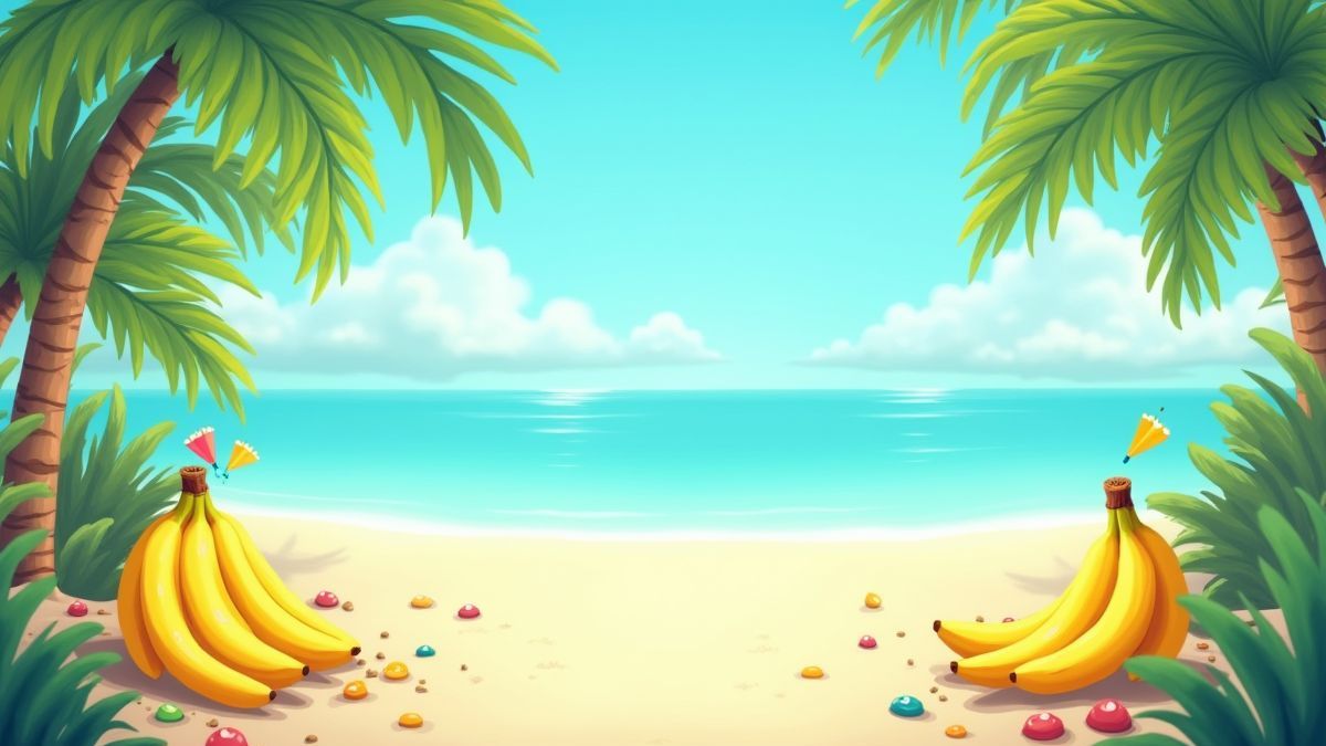 Une plage tropicale animée avec des bananes et des décorations festives.