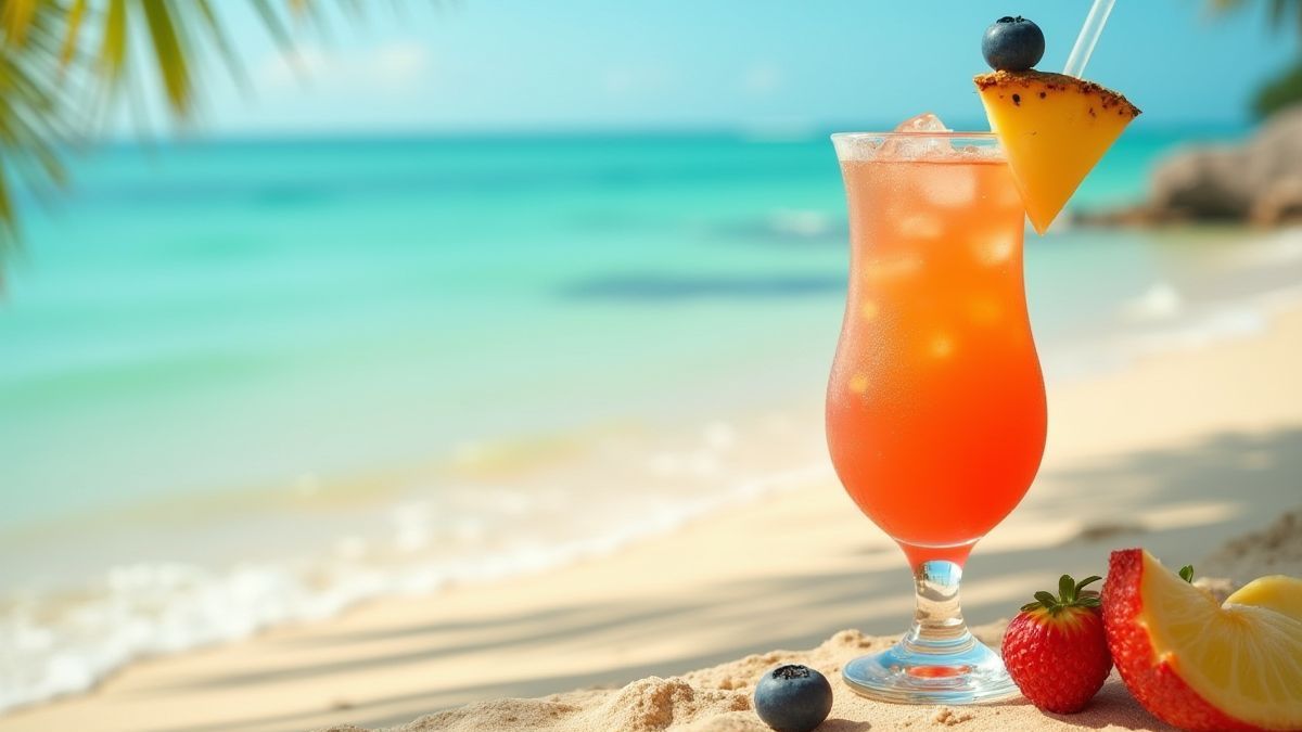 Cocktail tropical sur une plage ensoleillée.