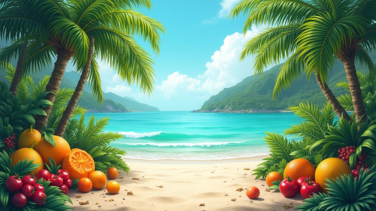 Paradis tropical avec des palmiers et des fruits exotiques.