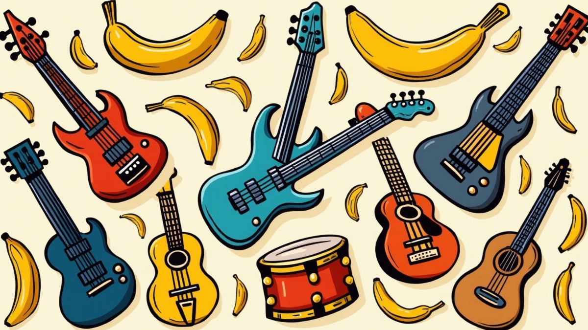 Instrumentos musicais coloridos rodeados de bananas