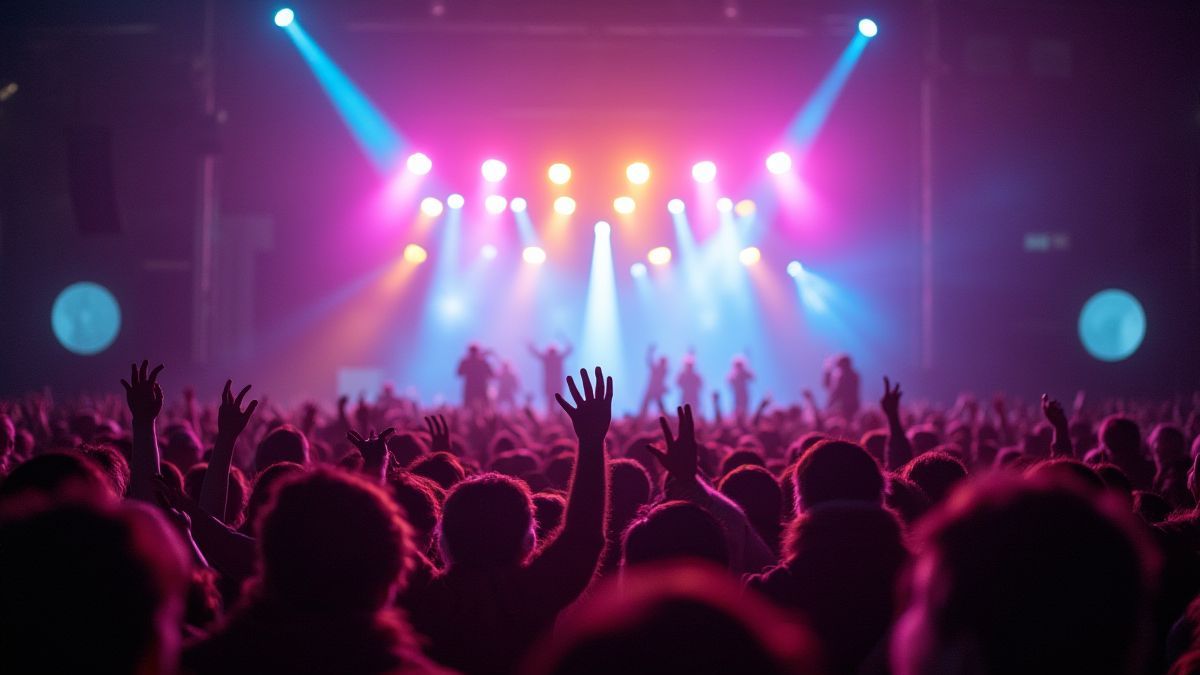 Um palco iluminado com macacos animados aplaudindo