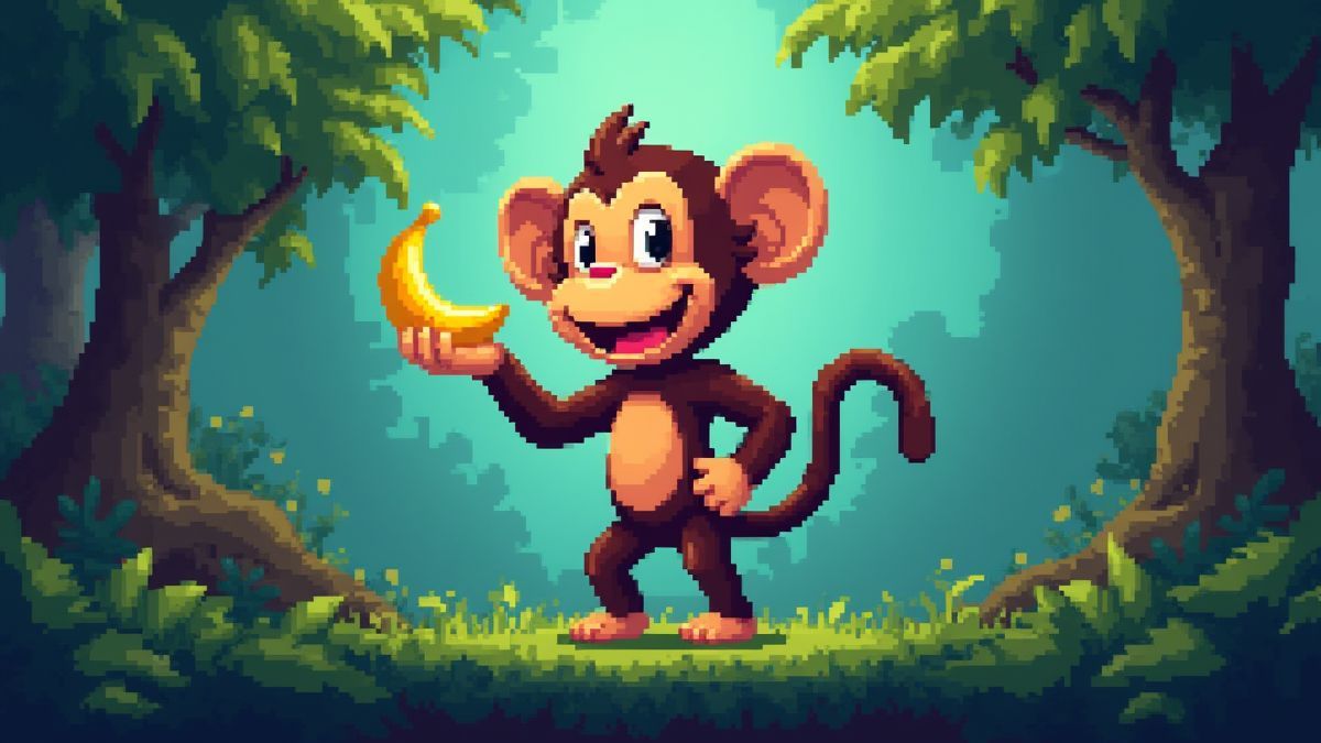Mono 8-bit sosteniendo una banana en la jungla
