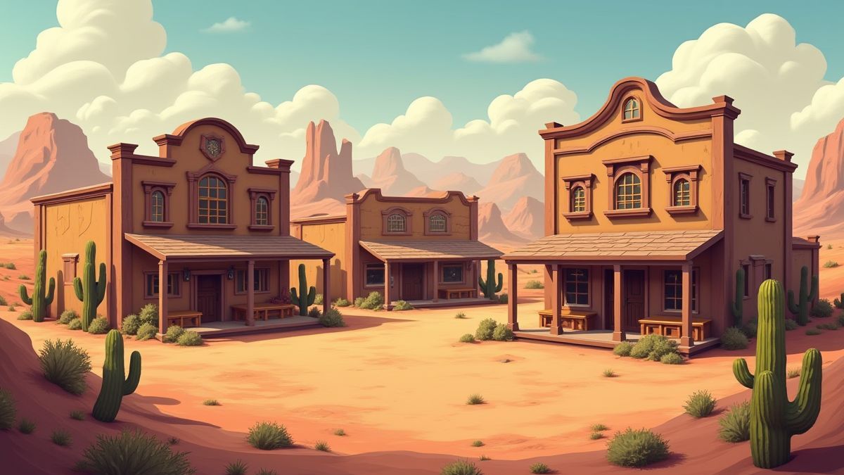 A cowboy town with a saloon and a desert.