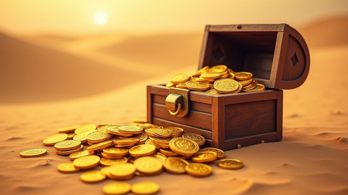 Golden coins spilling out of a treasure chest in the desert.