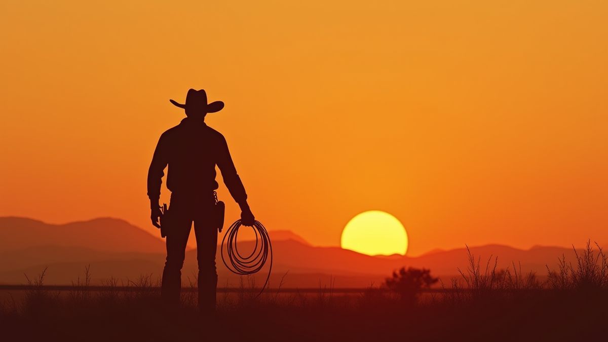 A cowboy with a lasso in front of a sunset.