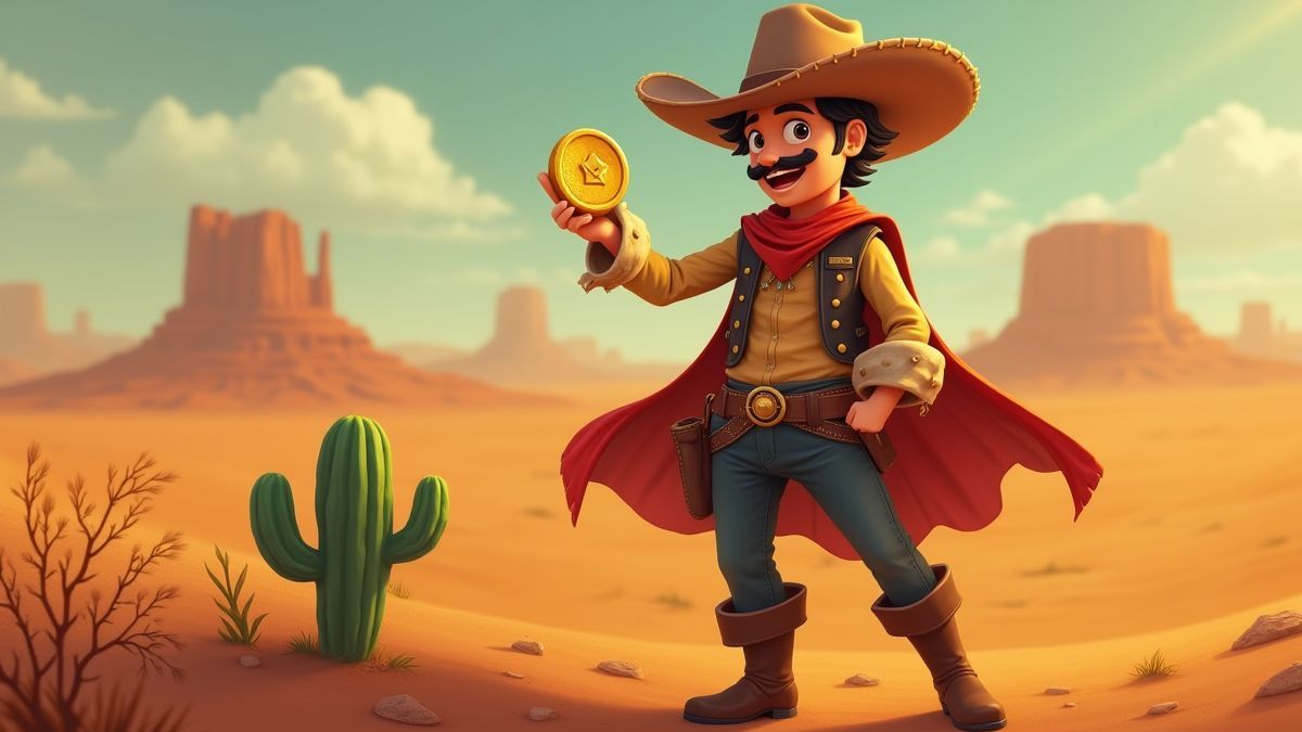 Un vaquero sosteniendo una moneda dorada en el desierto junto a un cactus.