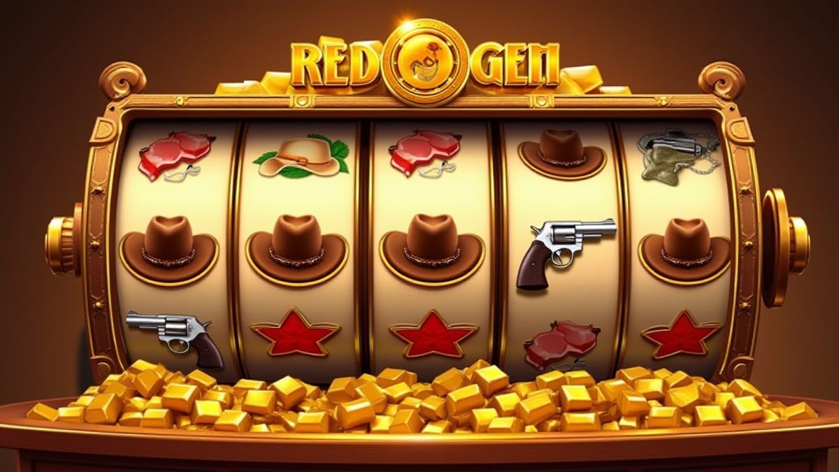 Carrete giratorio mostrando lingotes de oro, sombreros de cowboy y revólveres.