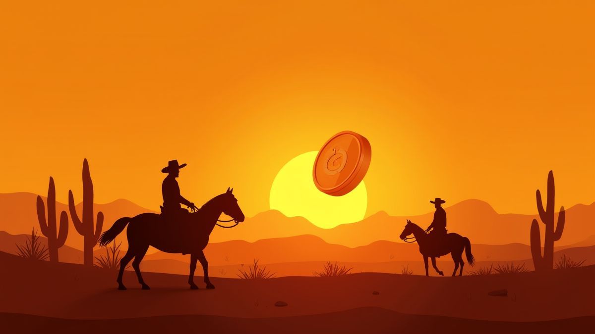 Moneda dorada volando sobre el atardecer en el desierto con siluetas de vaqueros.