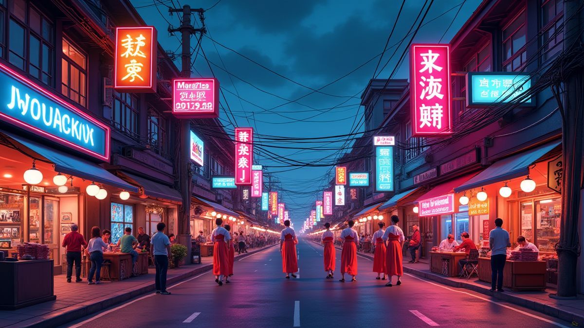 Bangkok-Straße mit Neonlichtern und thailändischen Tänzerinnen.