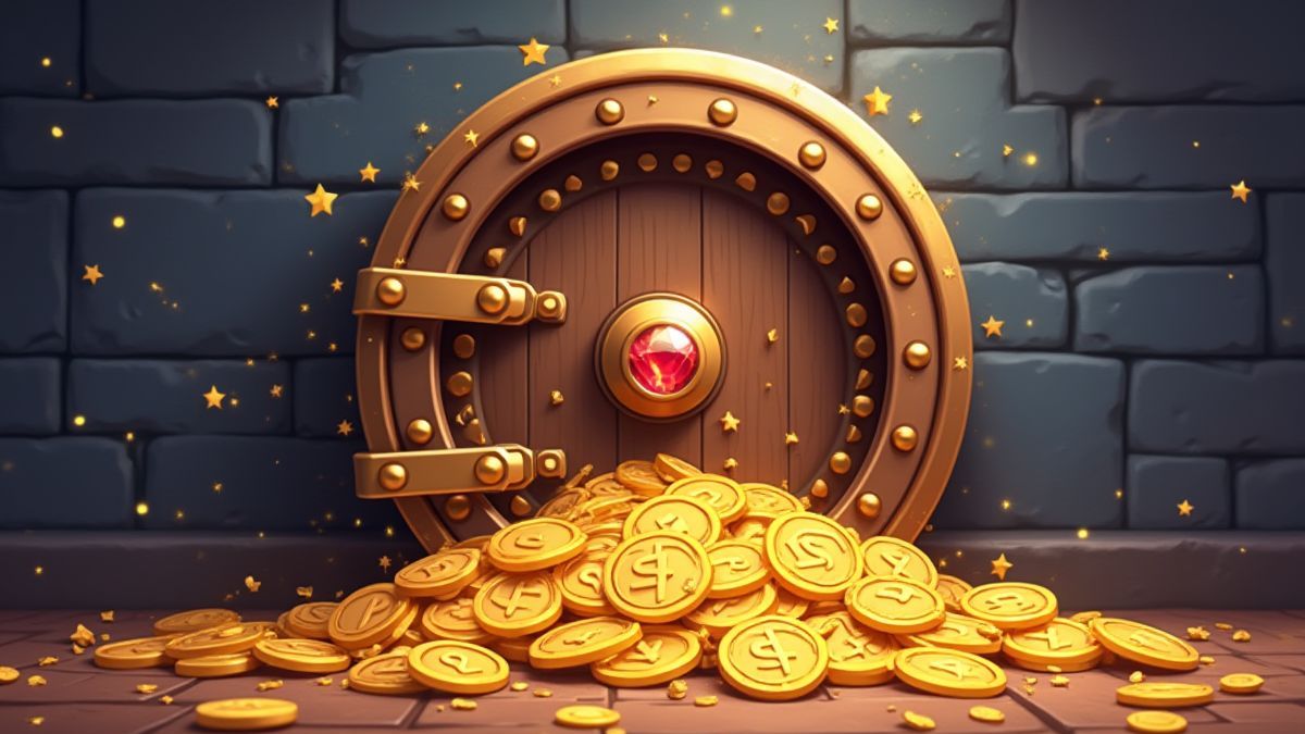 Bóveda de banco llena de monedas de oro y joyas brillantes.