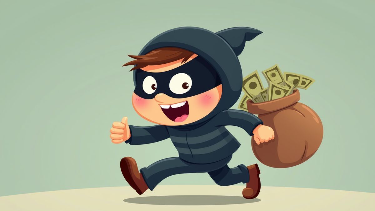 Ladrón caricaturesco corriendo con un saco de dinero.