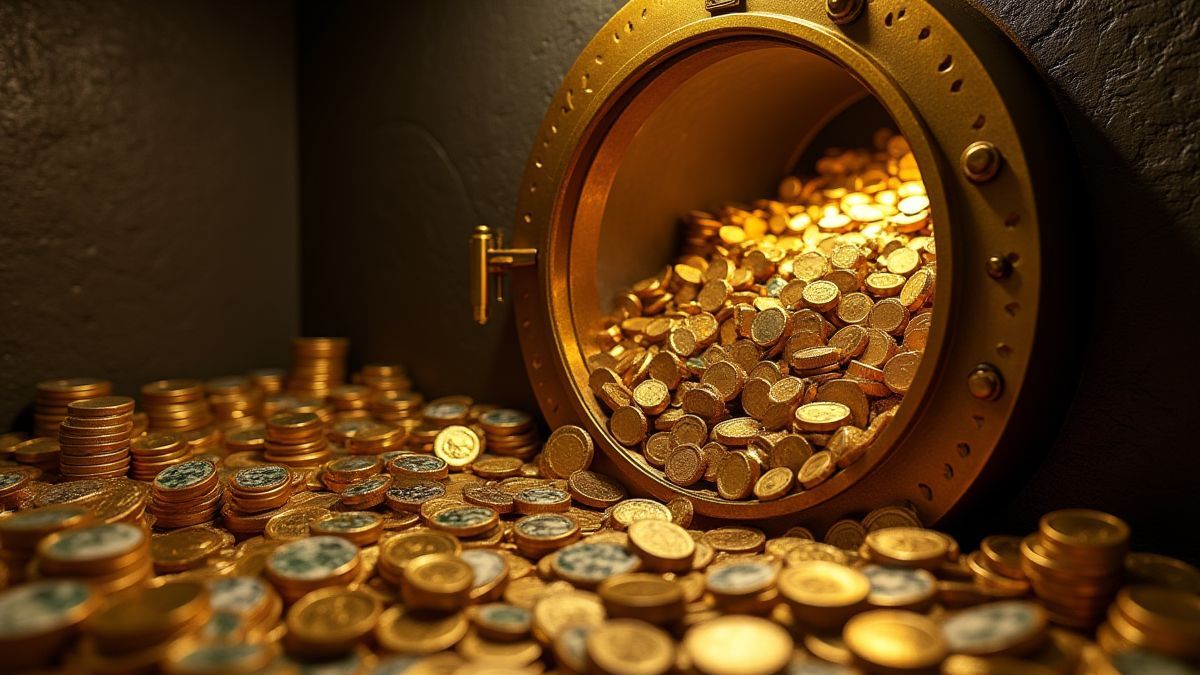 Une salle des coffres pleine de lingots d'or et de tas de billets.