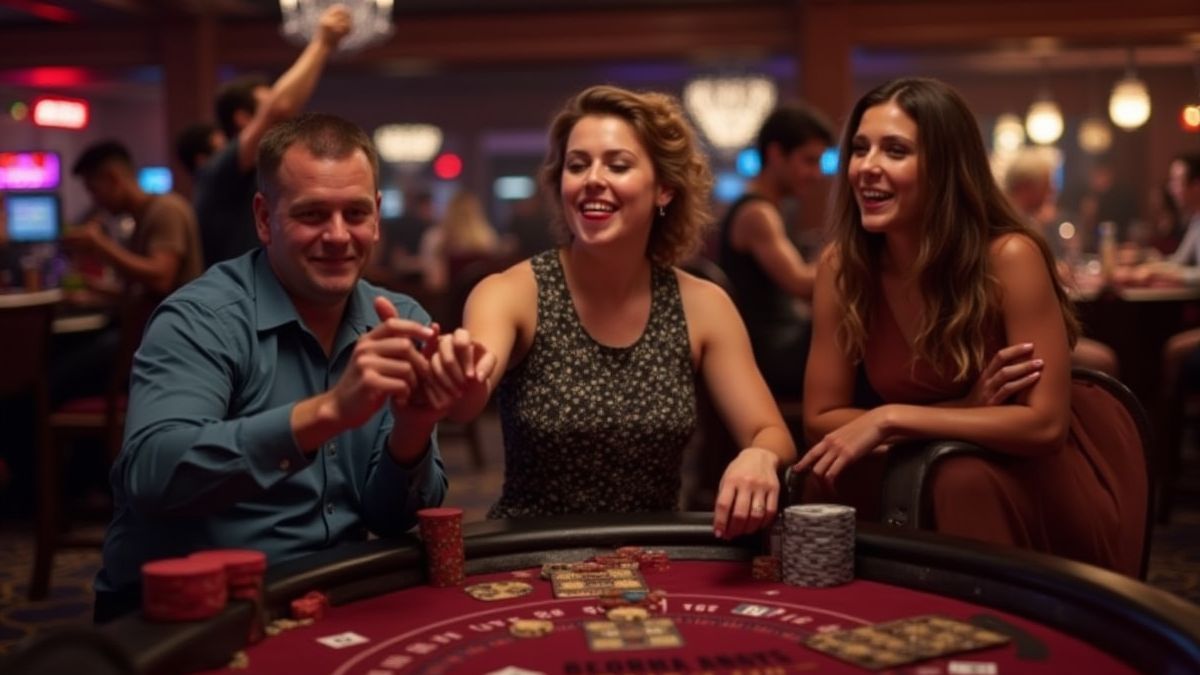 Joueurs célébrant dans un casino après une grande victoire.