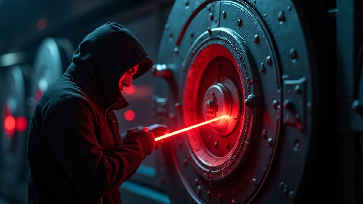 Dief die een laser gebruikt om een high-tech kluis te openen.