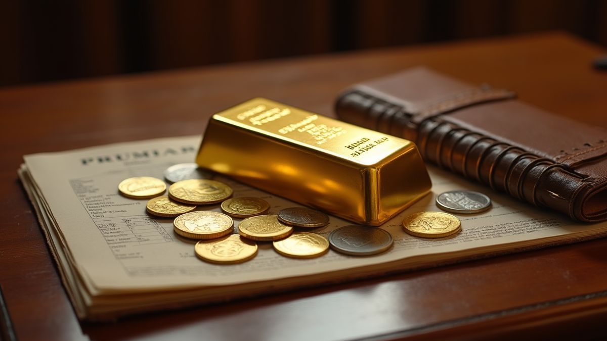 Gold bars and coins on a wooden desk.