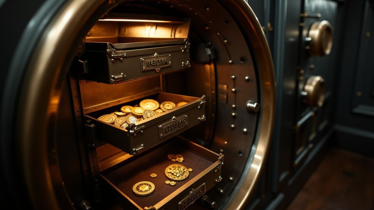 Open bank vault showcasing gold coins and jewelry.
