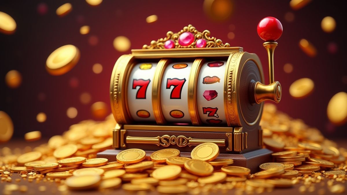 Elegante Spielautomaten umgeben von Münzen und Juwelen.
