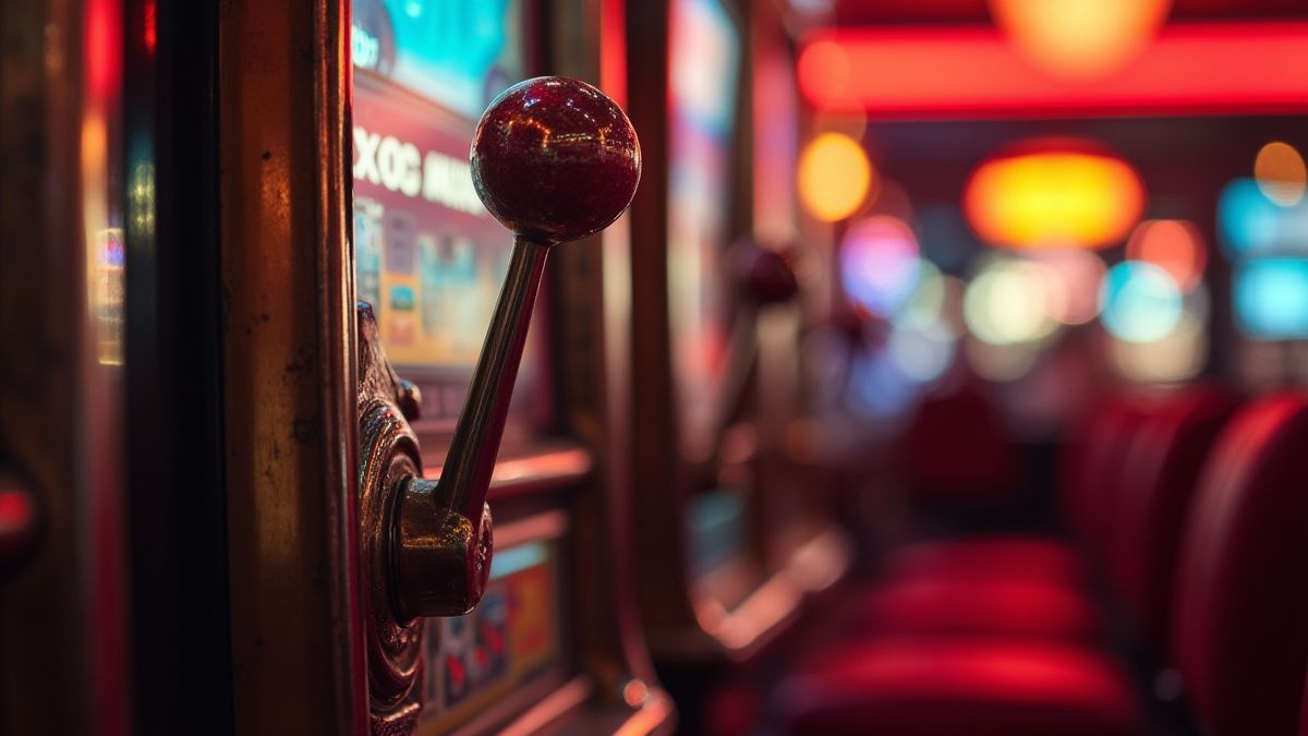 Der Hebel eines klassischen Spielautomaten wird betätigt.