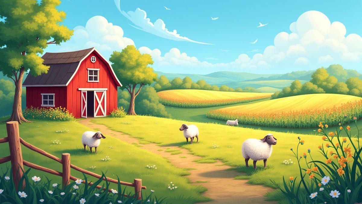 Une ferme ensoleillée avec des moutons paissant à côté d'une grange rouge et des champs de culture.