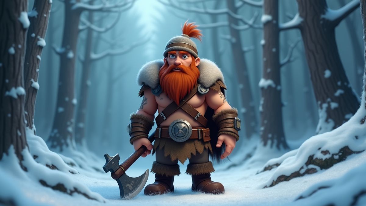 Um guerreiro bárbaro animado segurando um machado em uma floresta nevada.